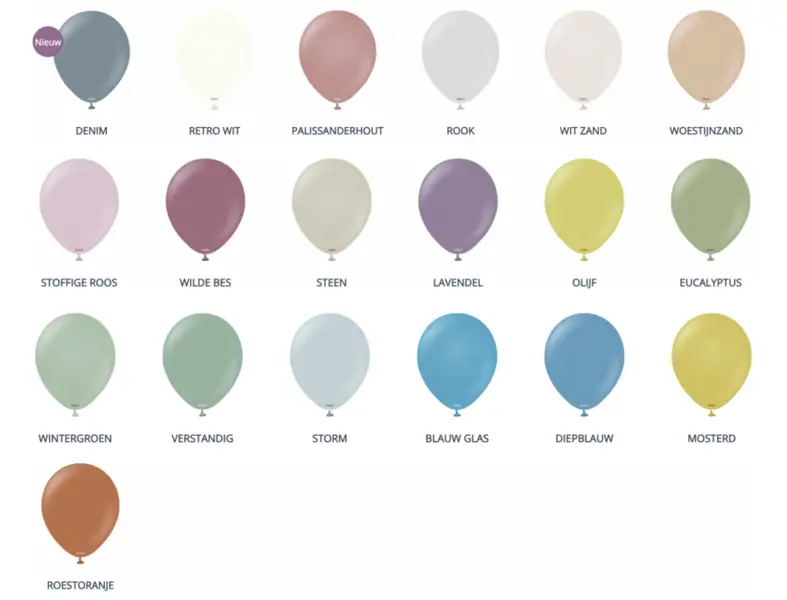 Kleurkaart met warme en gedempte retro ballonkleuren – Milri Verhuur & Styling