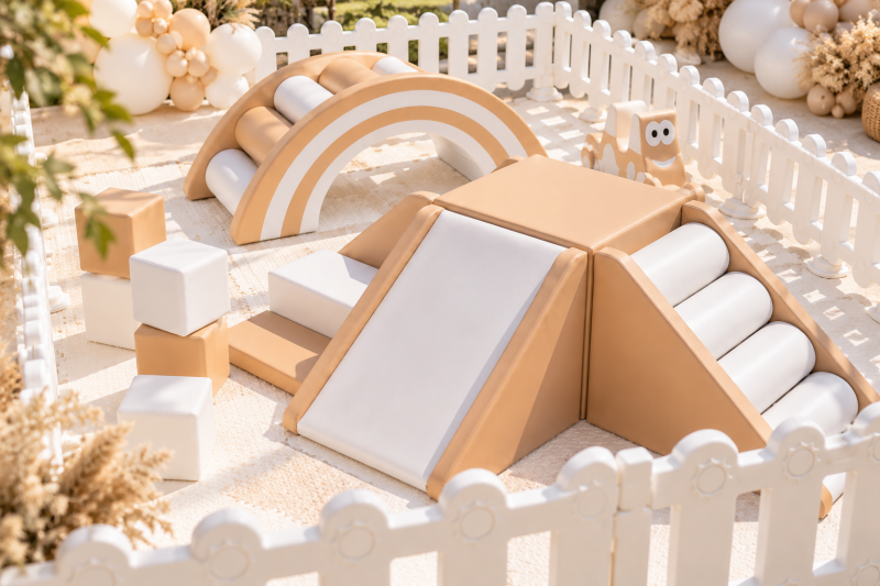 Luxe witte en beige softplay set met zachte speelblokken, klimhelling, glijgedeelte en bruggetje, omringd door witte hekjes.