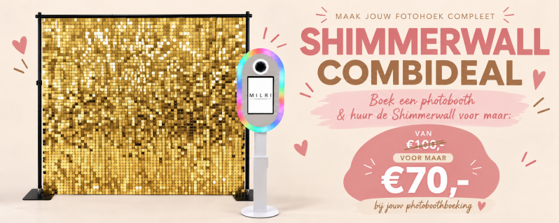 Gouden Shimmerwall met witte Milri photobooth – huur de Shimmerwall voor €70 in plaats van €100 bij een photoboothboeking.