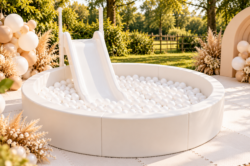 Luxe witte ballenbak met witte ballen en bijpassende glijbaan op witte vloermatten, in een tuin met beige en witte ballondecoratie.