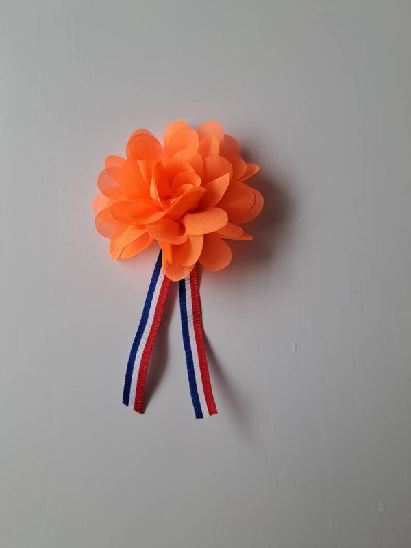 Bloem met rood, blauw en wit lintje