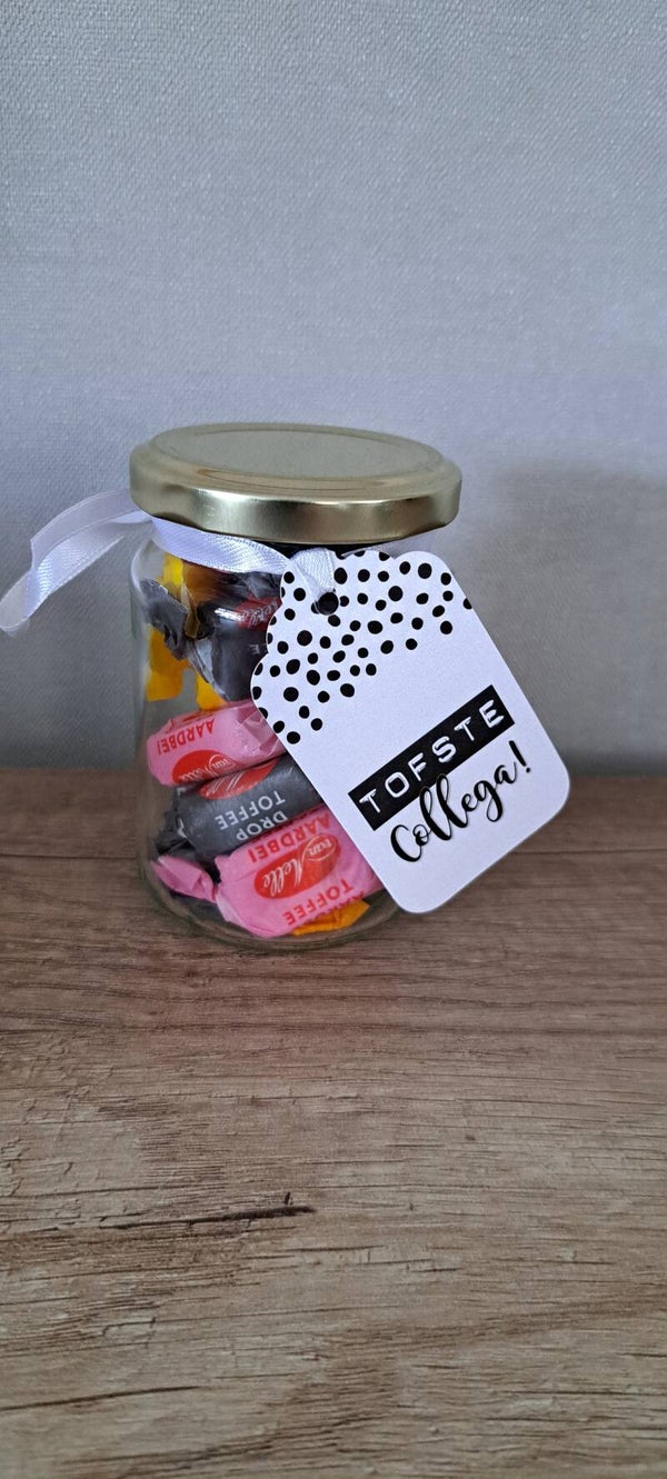 Potje snoep met tekst, de tofste collega