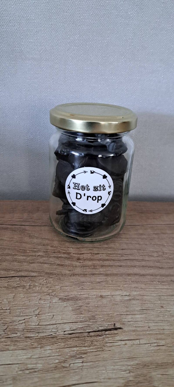 Potje snoep met tekst, het zit D' rop