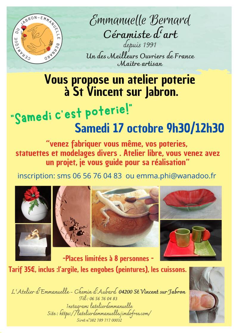 Affiche de l’atelier poterie du samedi 17 octobre
