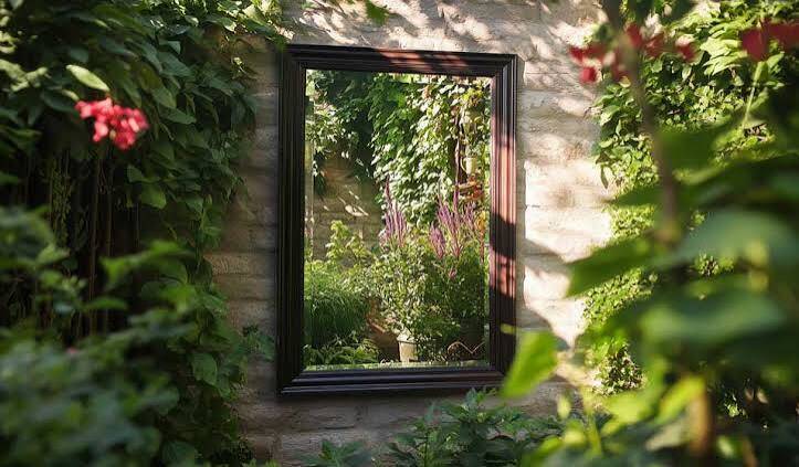 Miroir dans un jardin verdoyant