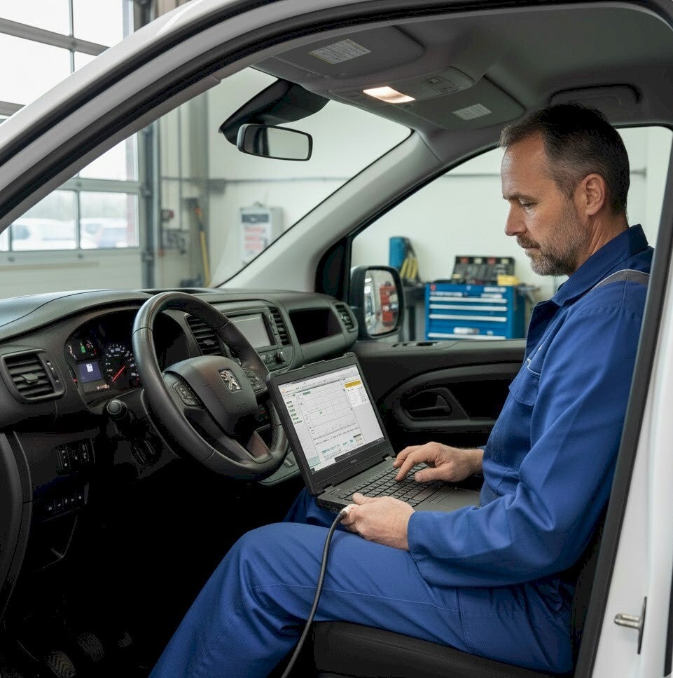 monteur met laptop in een peugeot