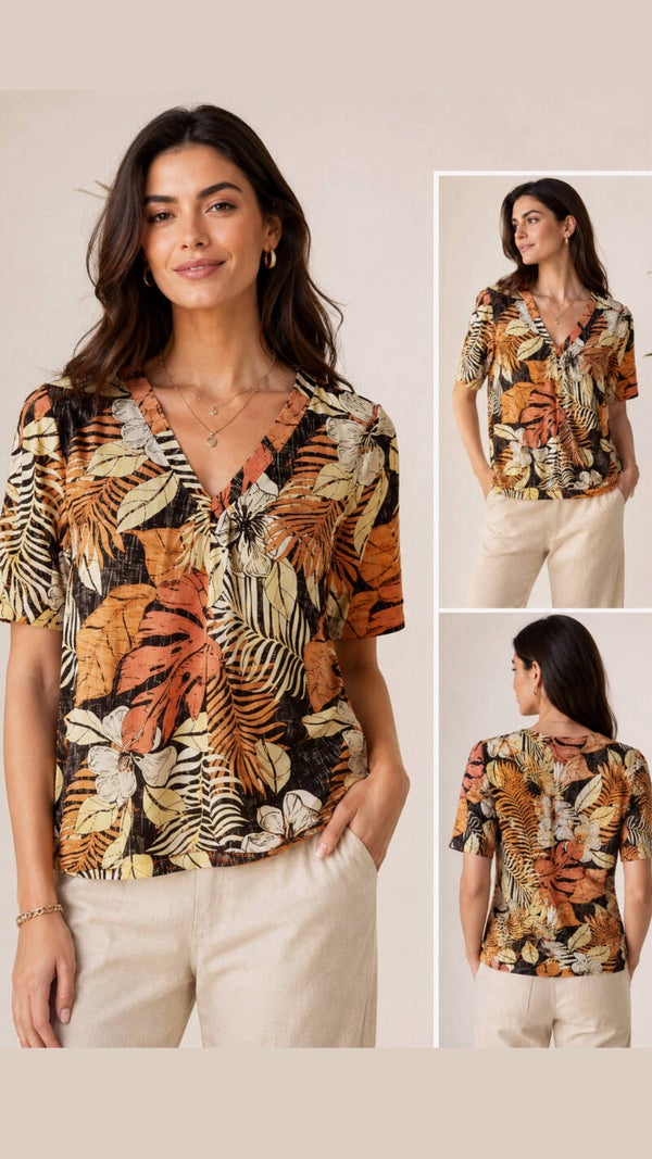 Mi Piace Top V Neck Pleated Short Sl. Botanical Print – Expresso