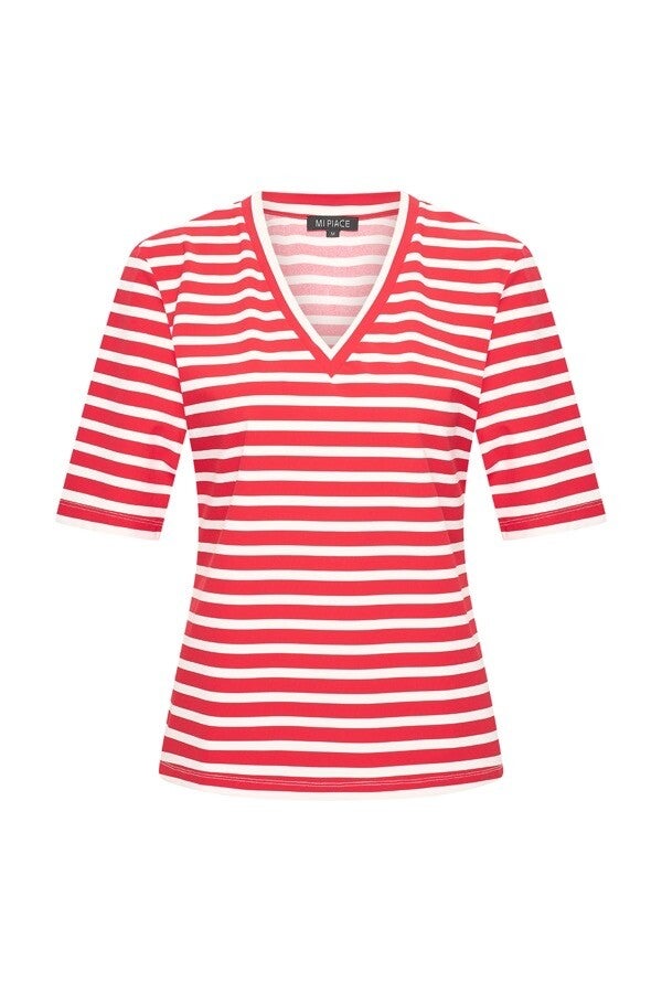Mi Piace T-shirt V-Hals streep print Red / Off White MP202271SEPT