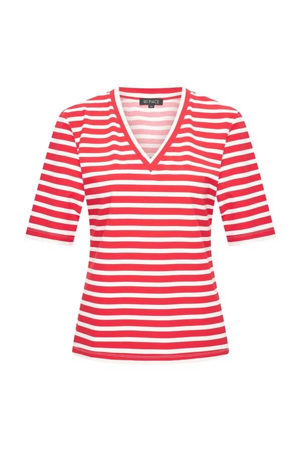 Mi Piace T-shirt V-Hals streep print Red / Off White MP202271SEPT