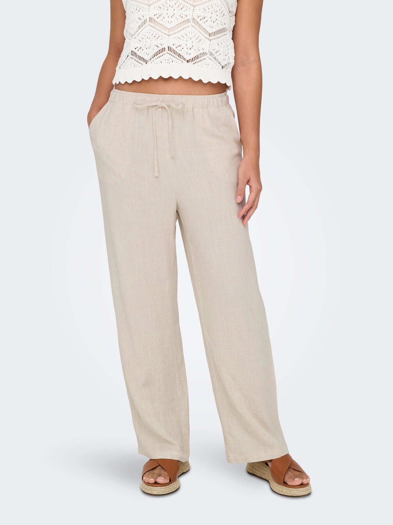ONLY dames linnen broek – wijde pijp – elastische taille