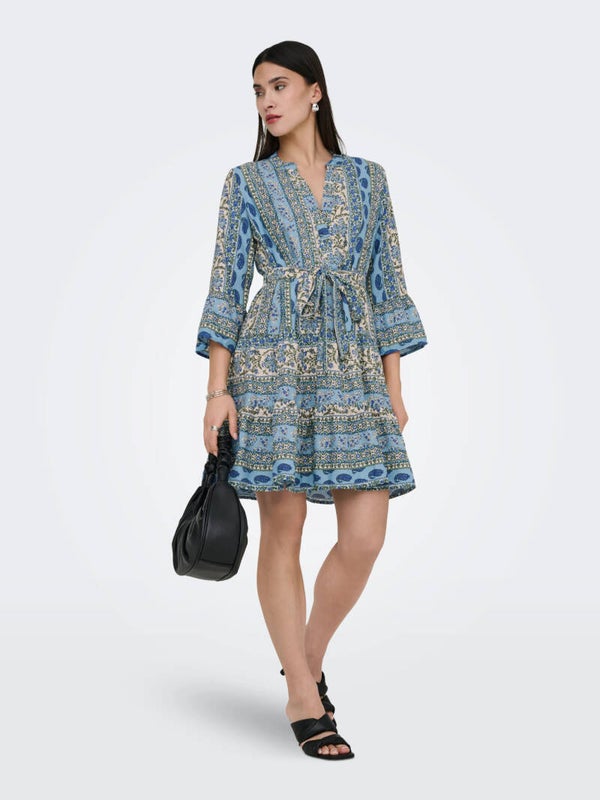 ONLY dames jurk print – 3/4 mouw – blauw of bruin | Vanelleswat