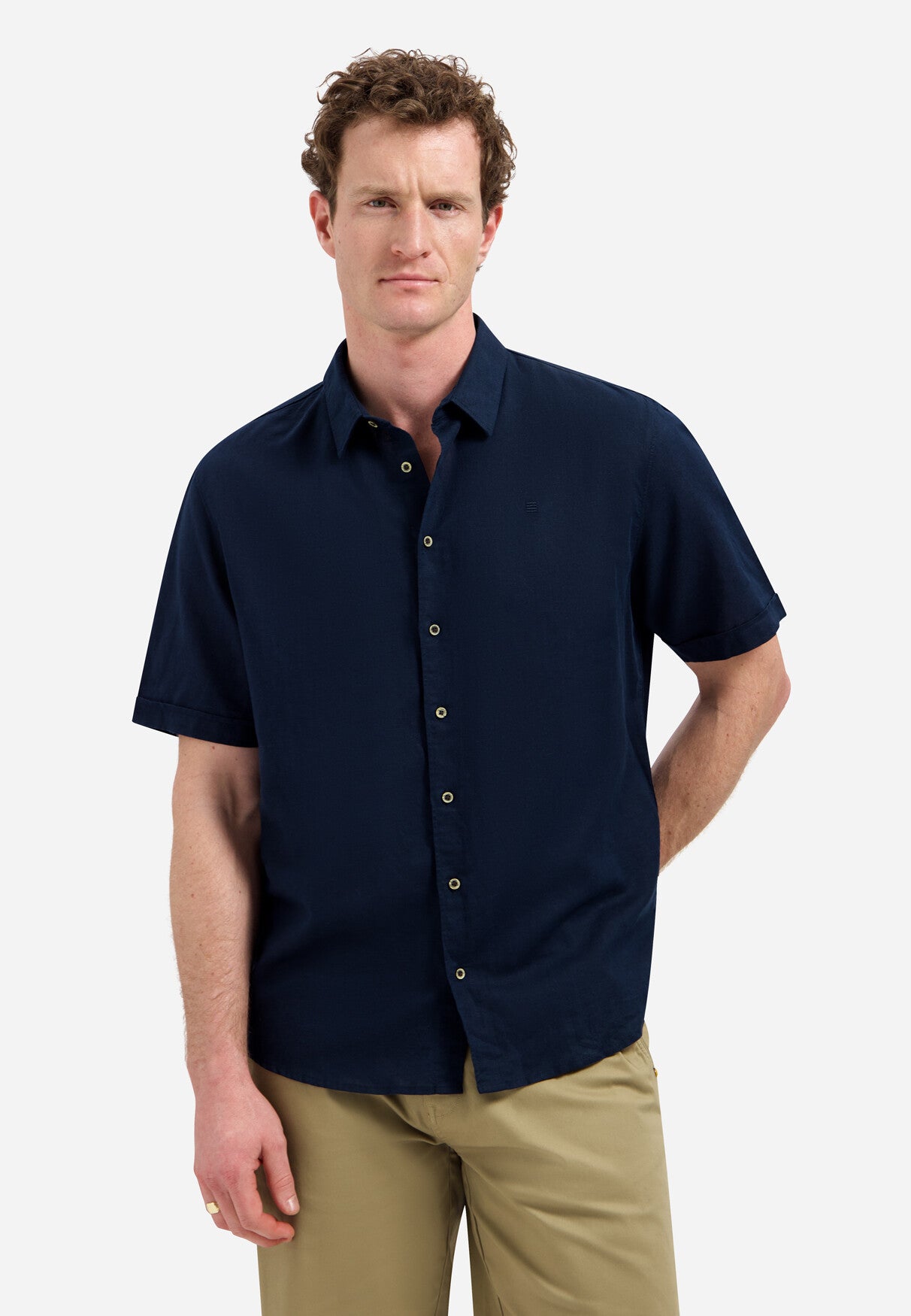No Excess Heren overhemd korte mouw donkerblauw – linnen mix | Vanelleswat