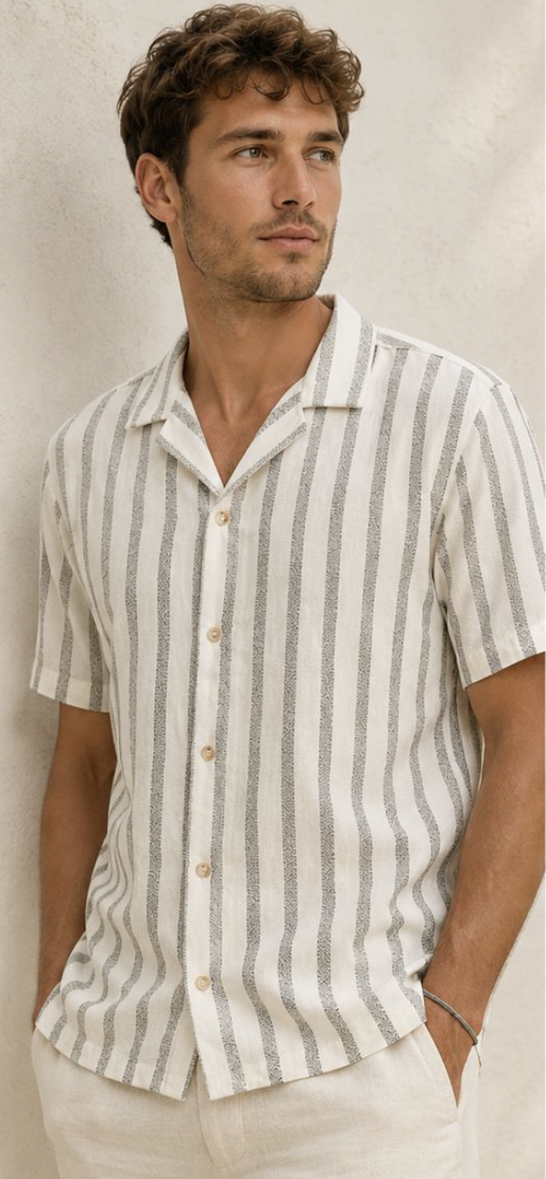 Tom Tailor Structured Stripe Shirt – Off White / Leaf Green Stripe