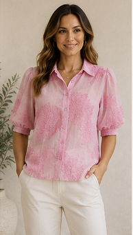 Enjoy Blouse Korte Ballonmouw met Borduursel – Geel & Roze