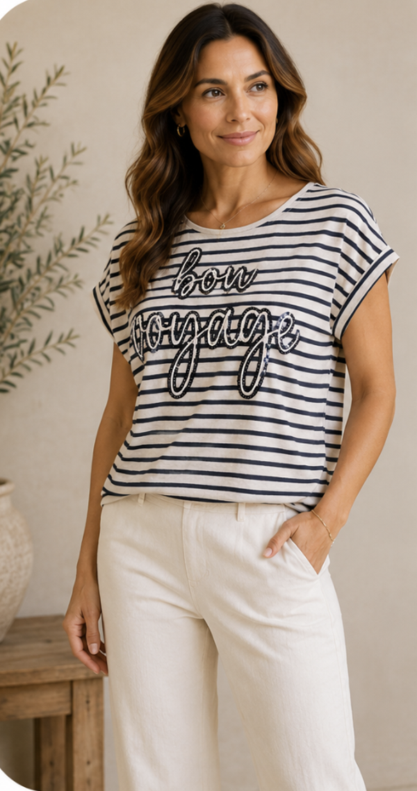 Enjoy Top Strepen Bon Voyage Pailletten – Navy