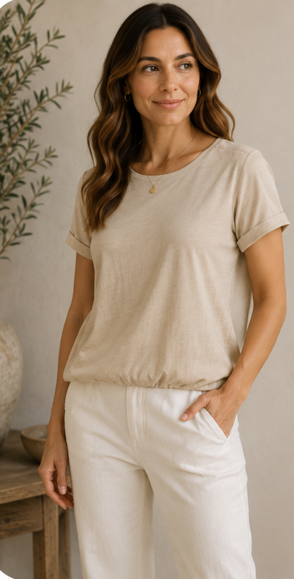 Enjoy Blouson Korte Mouw Slub – Lichtgeel & Zand