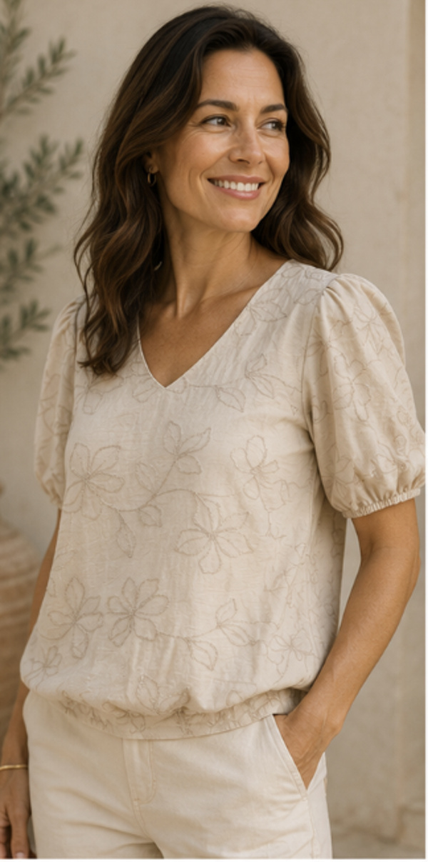 Blouson Top Korte Mouw Bloem Borduur – Zand