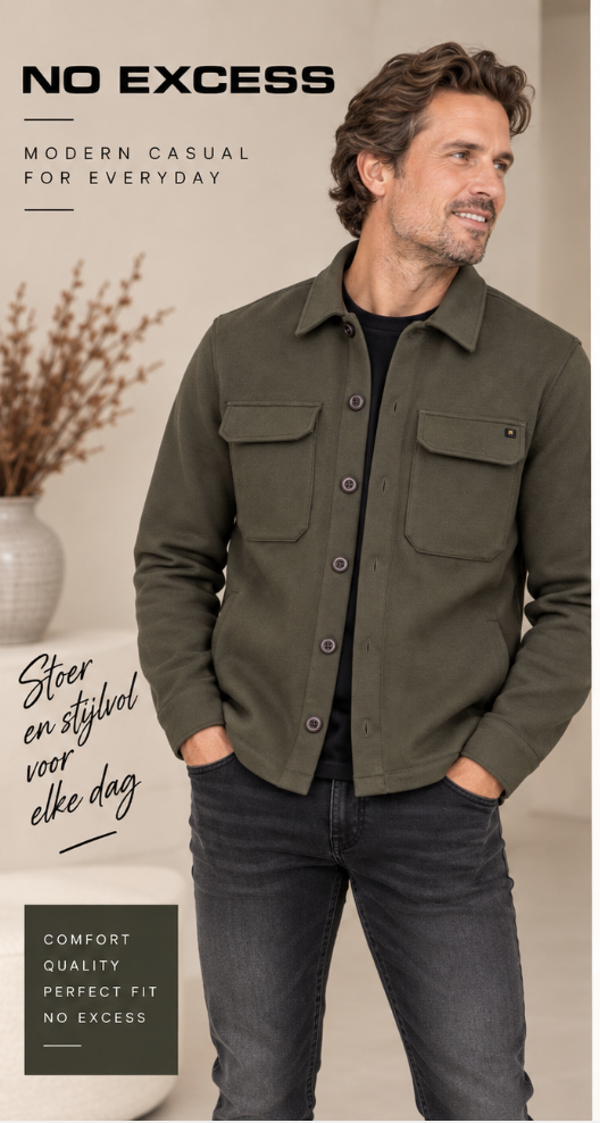 No Excess Overshirt Full Button Pique Sweat Army