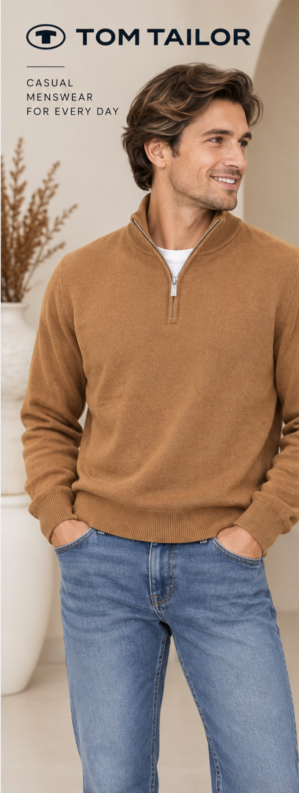 Tom Tailor Cotton Cashmere Troyer Sweater - Camel Brown
