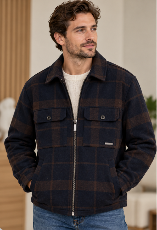 Tom Tailor Wollen Geruit Overshirt - Navy Camel