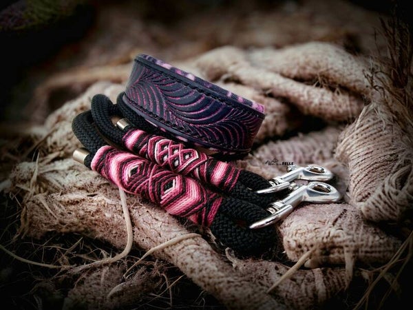 Leder Handgenäht "Welle Schwarz/Pink Glitzer"