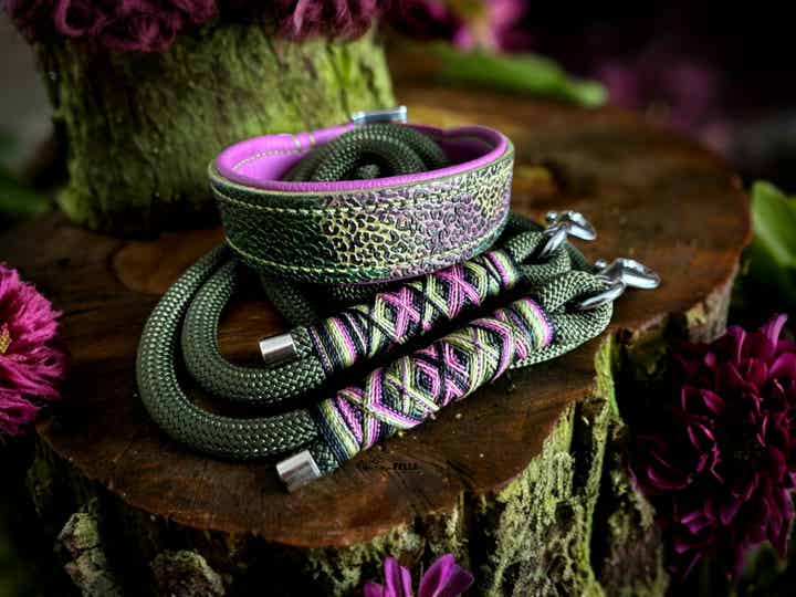 Sofortkauf-Set Leder Handgenäht Leo Oliv/MalveHU 35-41cm, Leine 2m 2fach