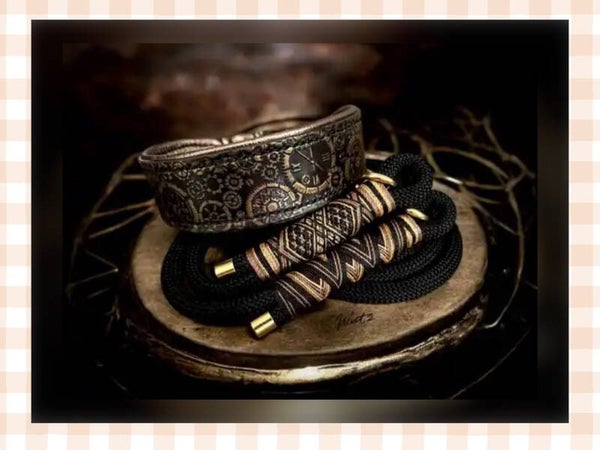 Leder Handgenäht  "Steampunk Schwarz/Bronze/Gold“