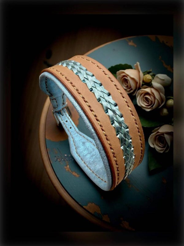 Sofortkauf-Halsband Leder Taupe/Eisblau Handgenäht 42-48cm/45mm breit