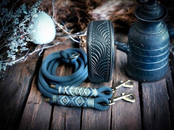 Sofortkauf-Set MiniWutz Leder Handgenäht Denim Schimmer HU 27-33cm Leine 1,70m 1fach