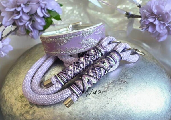 Sofortkauf-Set MiniWutz Leder Handgenäht Feder Flieder/Silber HU 28-34cm Leine 1,80m 1fach