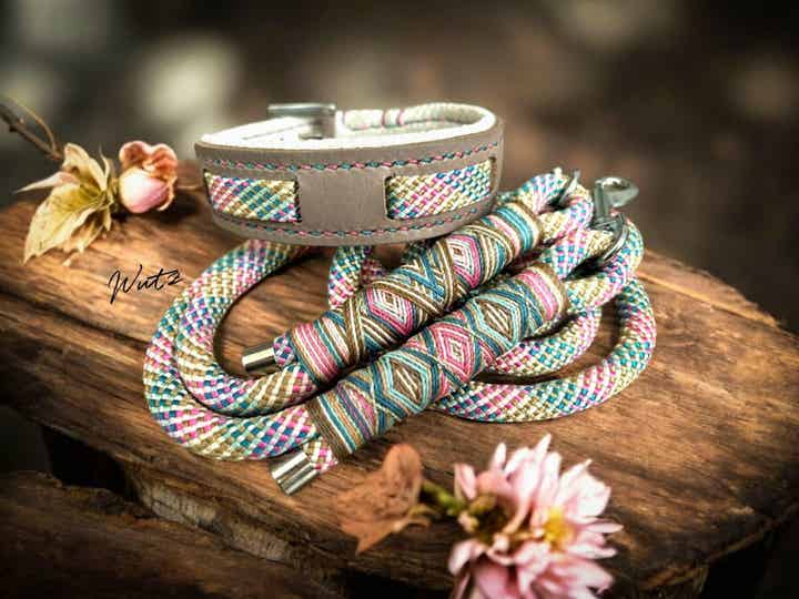 Sofortkauf-Set MiniWutz Leder Handgenäht mit Seileinflechtung Taupe/Creme HU 27-33cm  Leine 1,70m 1fach