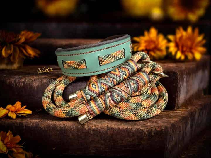 Sofortkauf-Set Leder Handgenäht mit Seileinflechtung Ocker/Oliv HU 39-45cm  Leine 2m 2fach