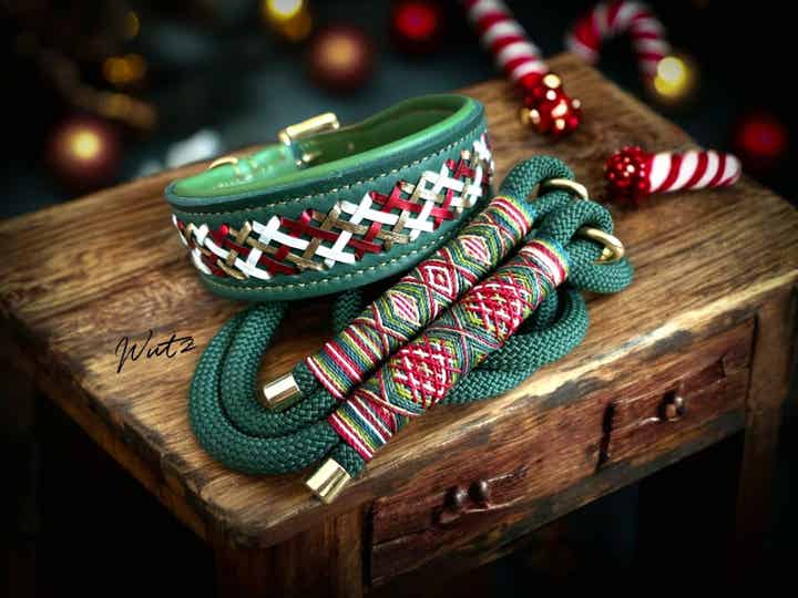 Sofortkauf-Set Leder Handgenäht mit Aufflechtung HU 39-45cm Leine 2m 2fach