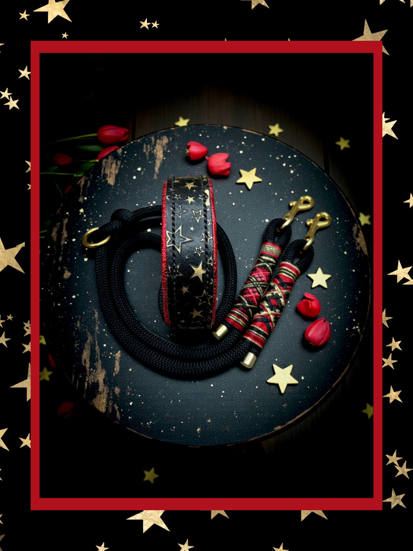 Leder Handgenäht  "Sternenhimmel Rot“