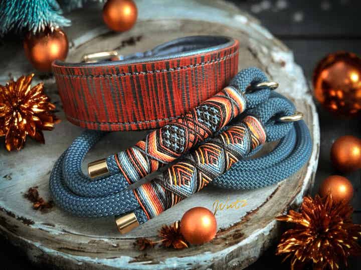 Sofortkauf-Set Leder Handgenäht Vintage Orange/Denim HU 39-45cm Leine 2m 2fach