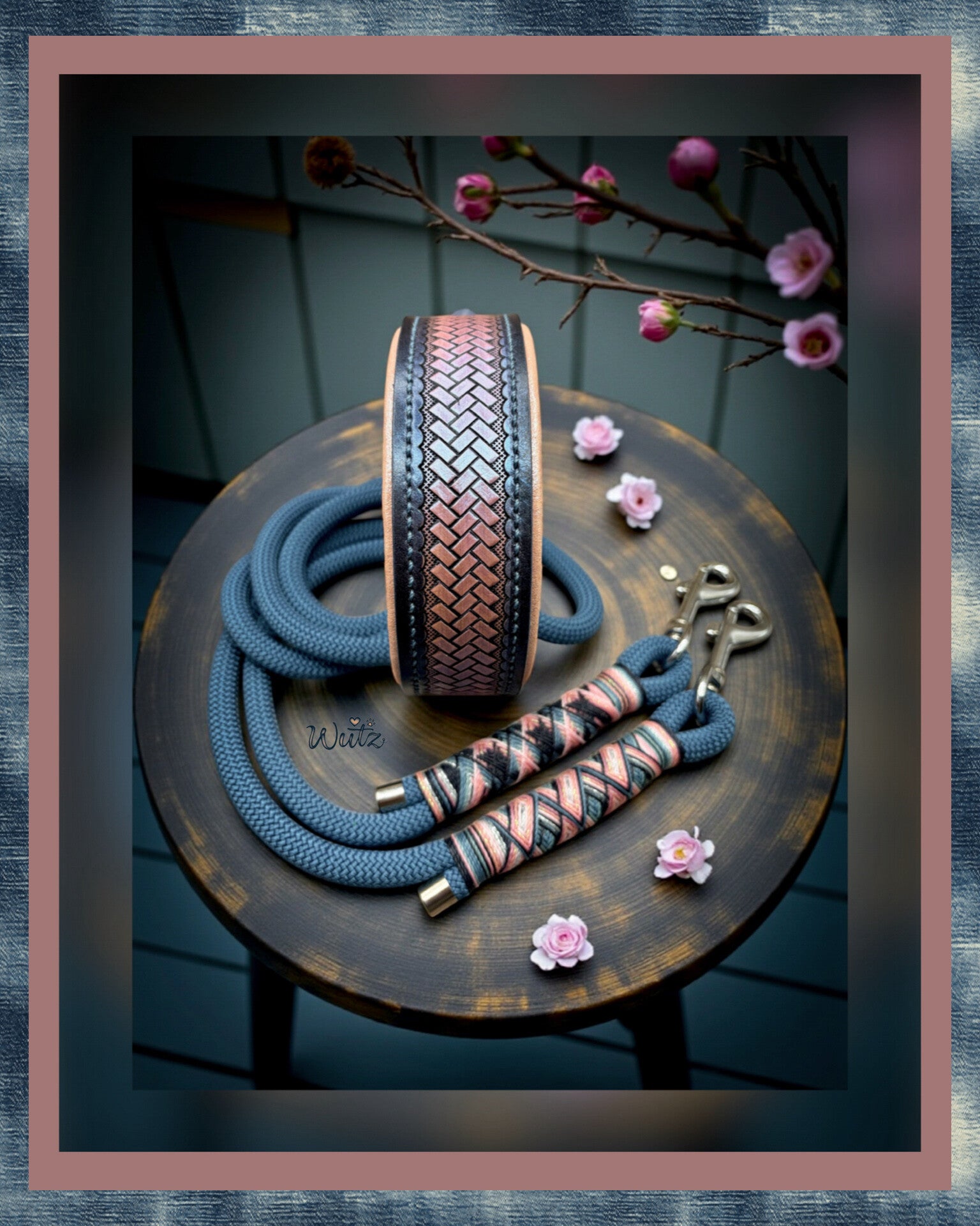 Sofortkauf-Set Leder Handgenäht Denim/Rosa  HU 37- 43cm Leine 2m 2fach