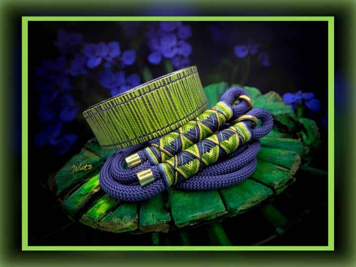 Sofortkauf-Set Leder Handgenäht Vintage Grün/Marine HU 37-43cm Leine 2m 2fach