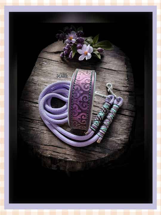 Sofortkauf-Set Leder Handgenäht Herzchen Flieder/Orchidee HU 35-41cm Leine 2m 2fach