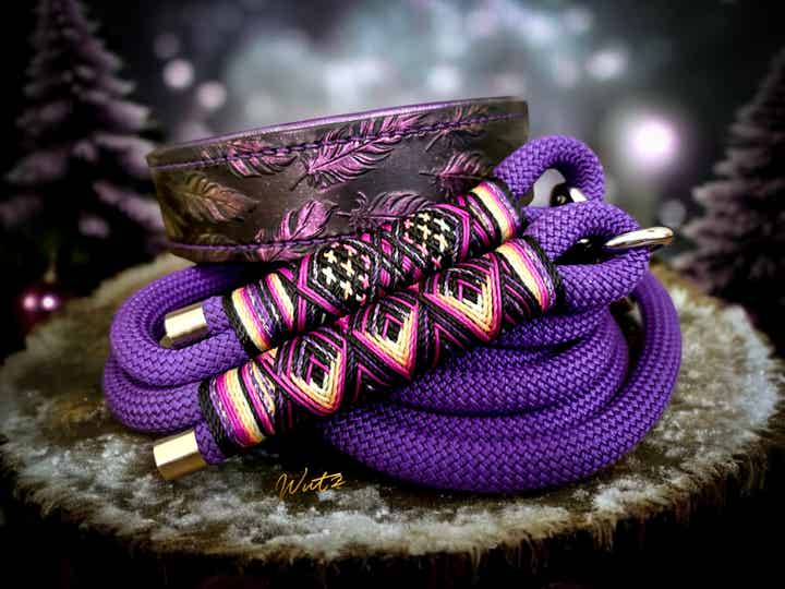 Sofortkauf-Set Leder Handgenäht Feder Purple Metallic HU 37-43cm Leine 2m 2fach