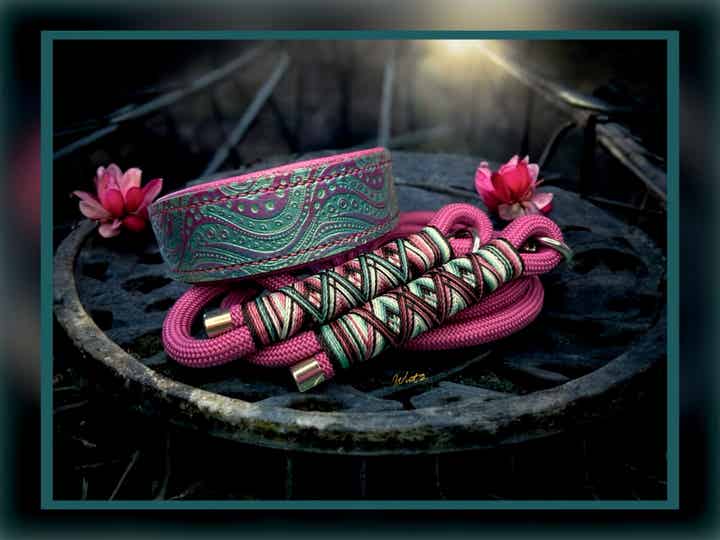 Sofortkauf-Set Leder Handgenäht Shabby Aqua/Beere HU 37-43cm Leine 2m 2fach