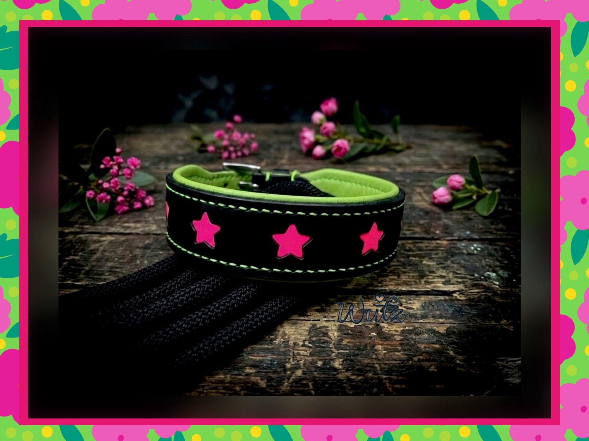 Leder Handgenäht „Sternchen Schwarz/Sternchen Pink“