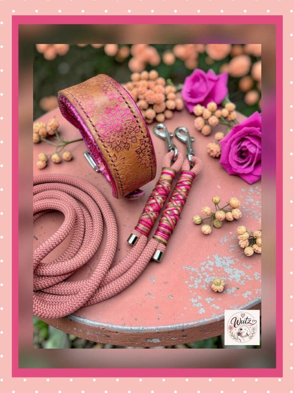 Leder Handgenäht  "Mandala Milchkaffee/Fuchsia“