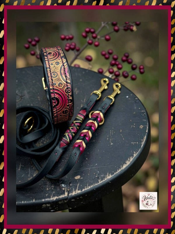 Leder Handgenäht  "Retro Schwarz/Khaki/Fuchsia/Weinrot“