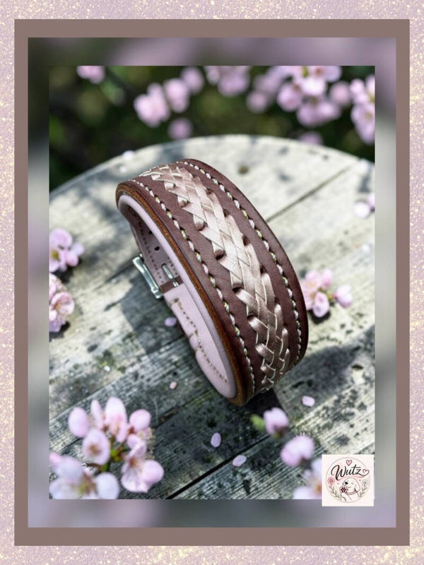 Sofortkauf-Halsband Haselnuss mit Aufflechtung Metallic Rosa HU 27-33cm
