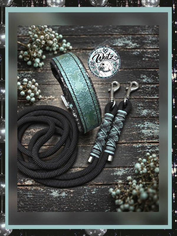 Sofortkauf-Set Leder Handgenäht Mandala Icemint HU 35-41cm  Leine 2m2fach verstellbar