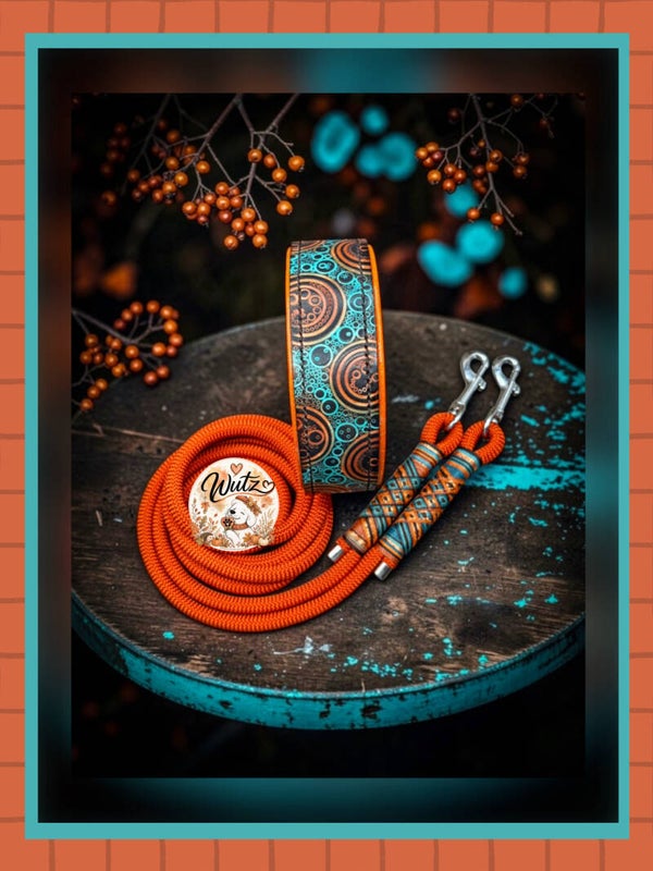 Sofortkauf-Set Leder Handgenäht Kringel Orange/Türkis HU 40-46cm  Leine 2m2fach verstellbar
