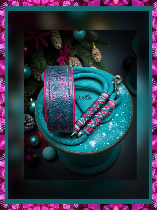 Leder Handgenäht  "Schmetterling Petrol/Fuchsia“