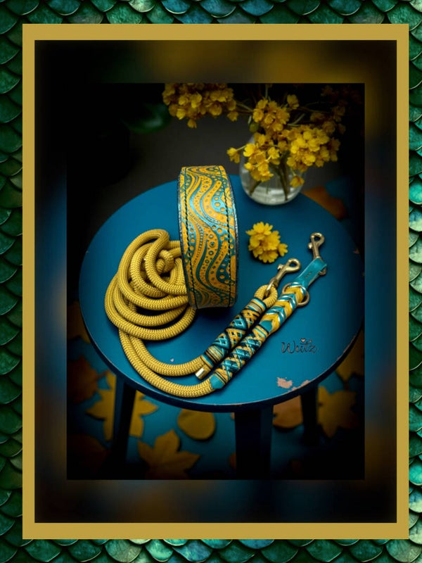 Leder Handgenäht  "Pünktchen Ocker/Petrol“