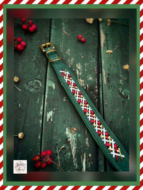 Sofortkauf-Halsband Leder Dunkelgrün Handgenäht 40-46cm/45mm breit