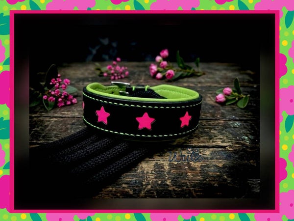 Leder Handgenäht „Sternchen Schwarz/Sternchen Pink“